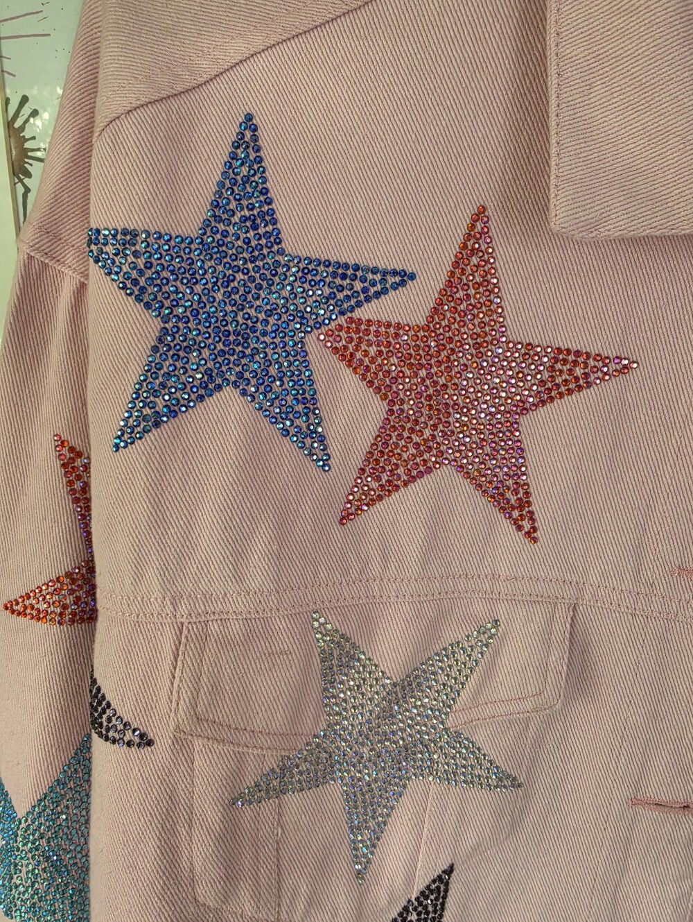 Peach Love PINK Rhinestone Star Jean jacket Small - Picture 4 of 10